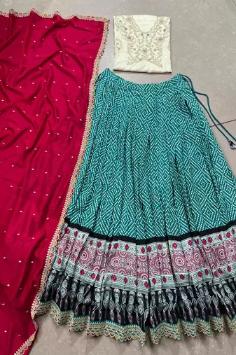 Rayon Bandhej Chaniya Choli with Sequins & Thread Embroidery Lace