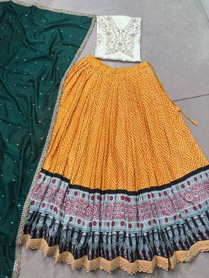 Rayon Bandhej & Ajrakh Print Chaniya Choli with Sequins & Thread Embroidery Lace 5