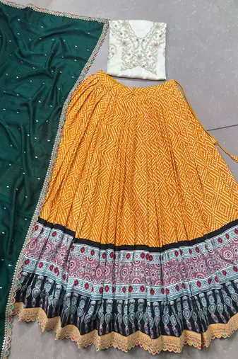 Rayon Bandhej & Ajrakh Print Chaniya Choli with Sequins & Thread Embroidery Lace