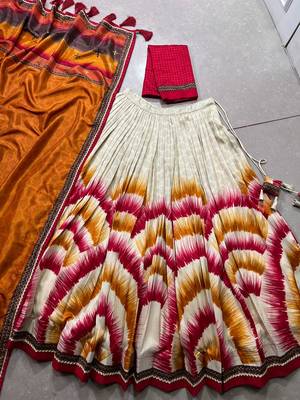 off white tussar  silk lehenga with tie and dye print 6
