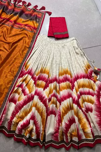 Tasar Silk Tie-Dye Print Chaniya Choli with Lace Touch-Up