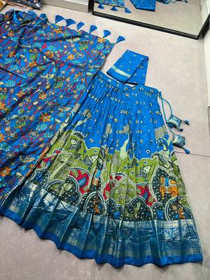 teal tussar silk blend lehenga choli with kalamkari print 6