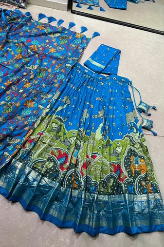 Ethnic Tasar silk blend Kalamkari Printed Lehenga Choli with Foil Border