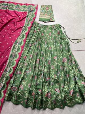 green silk blend lehenga with foil printed design 6