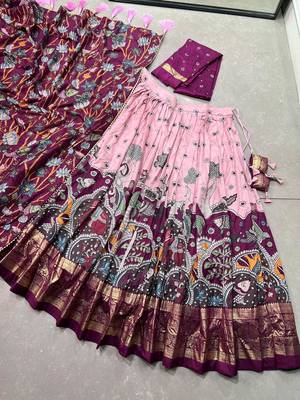 pink tussar  silk chaniya choli with kalamkari print 4
