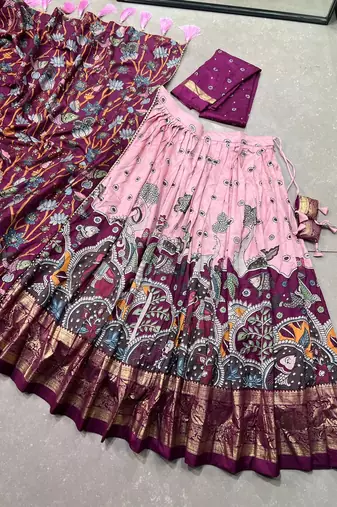 Ethnic Tasar Silk Kalamkari Printed Lehenga Choli with Foil Border