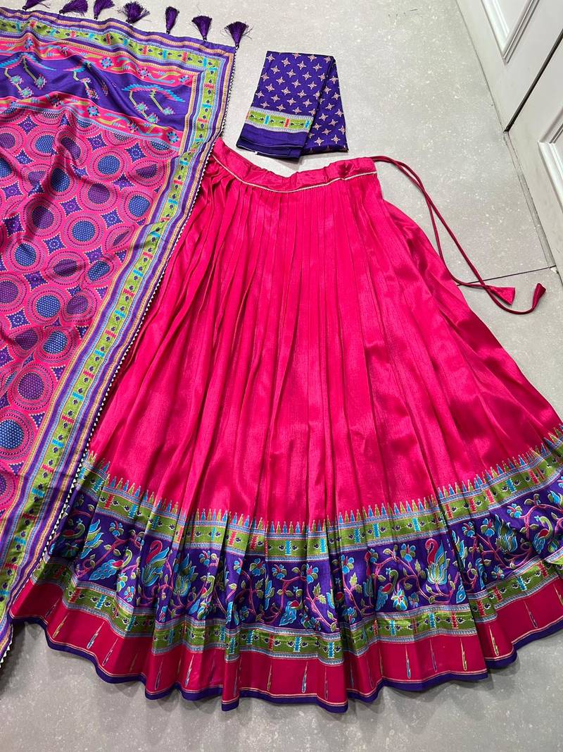 pink silk lehenga with printed sparkle design