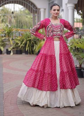 women laheriya print navratri lehenga choli with patchework set for women-full stitched free size 1