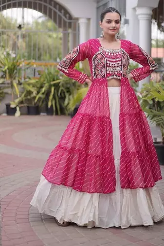 women laheriya print navratri lehenga choli with patchework set for women-full stitched free size