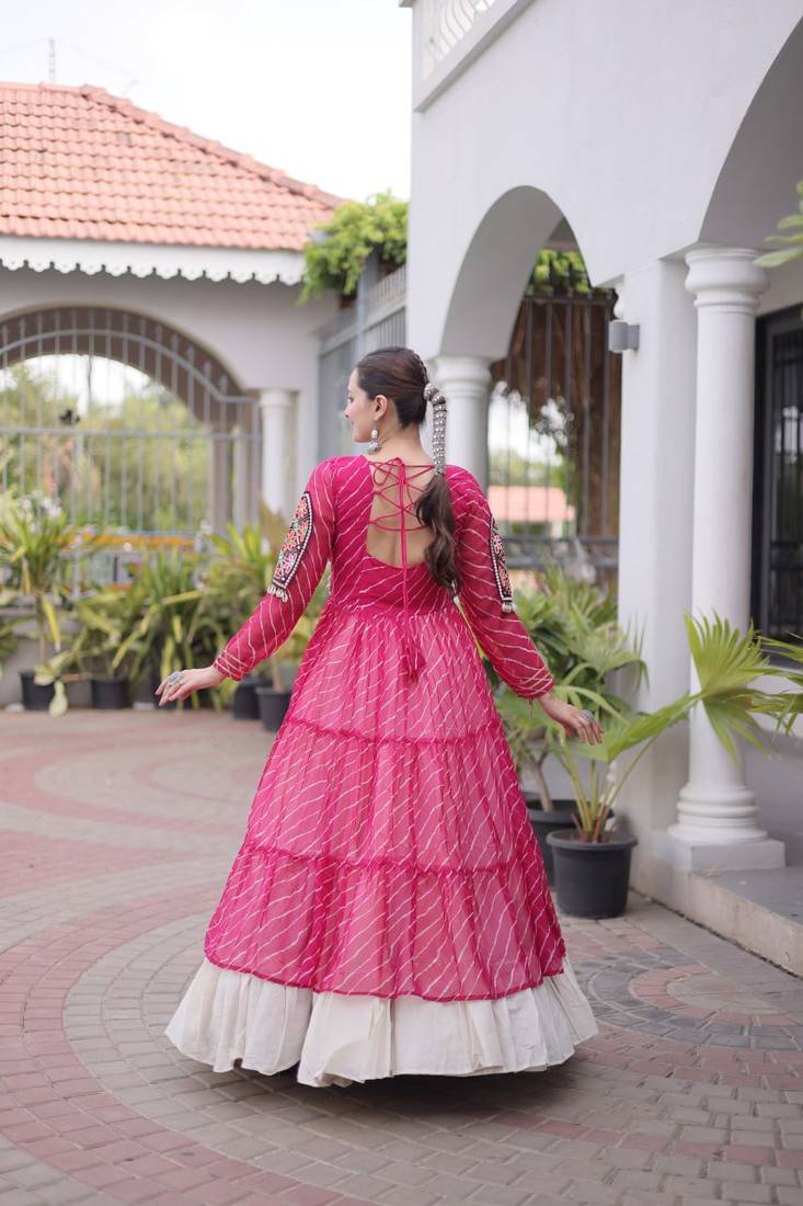 women laheriya print navratri lehenga choli with patchework set for women-full stitched free size