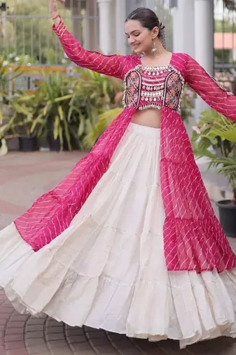 women laheriya print navratri lehenga choli with patchework set for women-full stitched free size