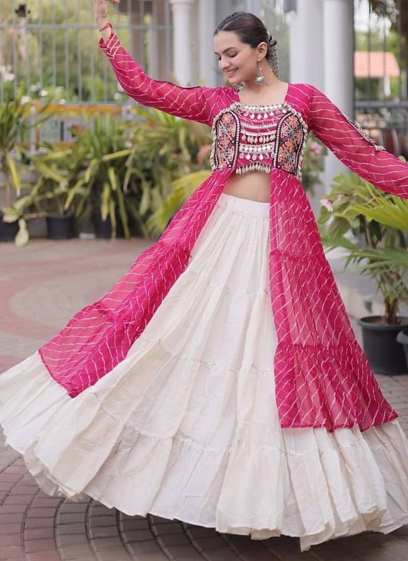 women laheriya print navratri lehenga choli with patchework set for women-full stitched free size