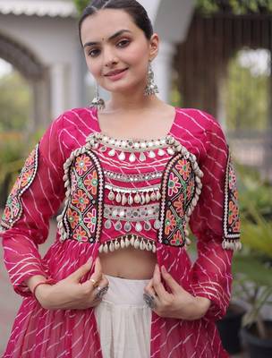 women laheriya print navratri lehenga choli with patchework set for women-full stitched free size 4