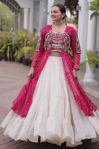 women laheriya print navratri lehenga choli with patchework set for women-full stitched free size