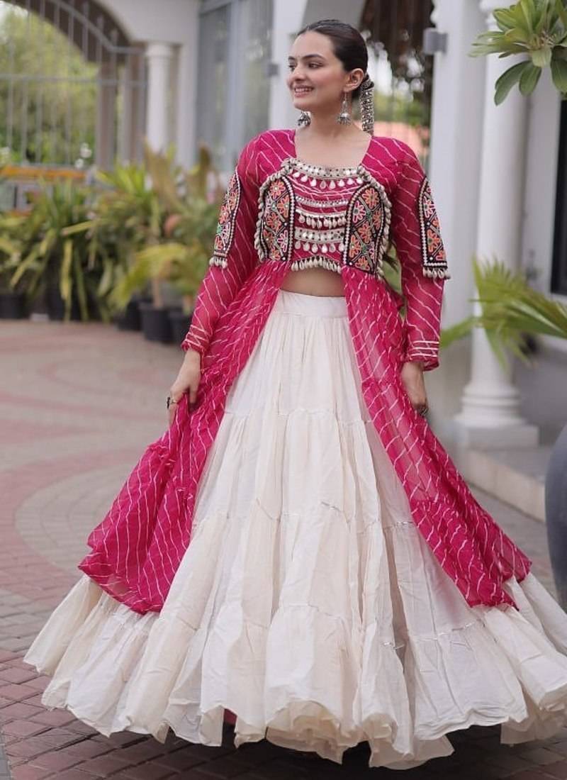 women laheriya print navratri lehenga choli with patchework set for women-full stitched free size
