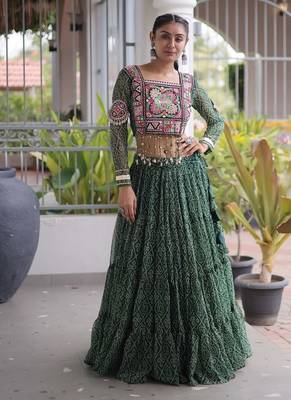 women bandhani print navratri lehenga choli with patchework set -full stitched free size 1