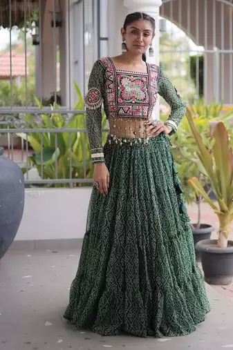 women bandhani print navratri lehenga choli with patchework set -full stitched free size