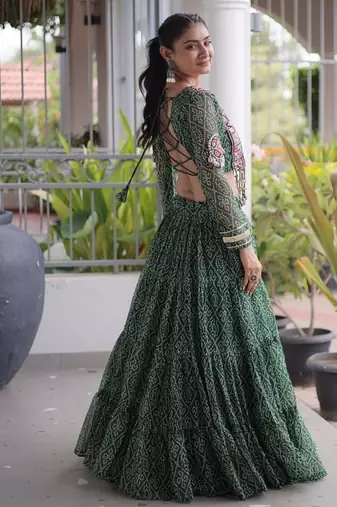 women bandhani print navratri lehenga choli with patchework set -full stitched free size