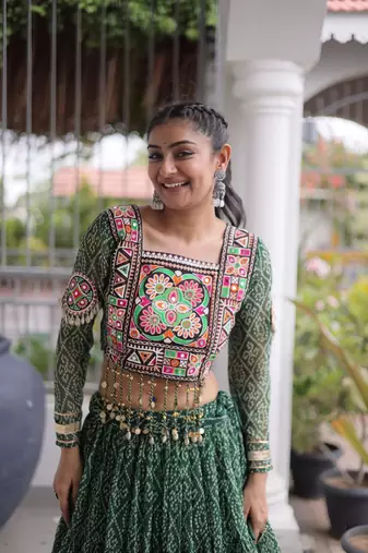 women bandhani print navratri lehenga choli with patchework set -full stitched free size
