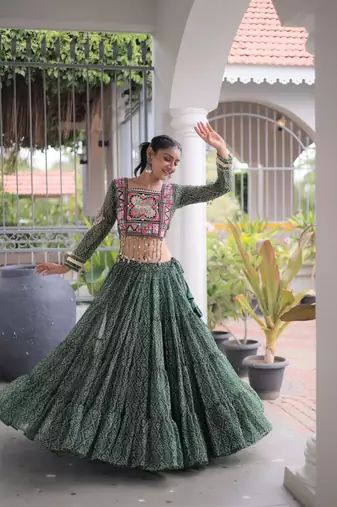 women bandhani print navratri lehenga choli with patchework set -full stitched free size