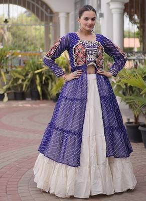 women laheriya print navratri lehenga choli with patchework set -full stitched free size 1
