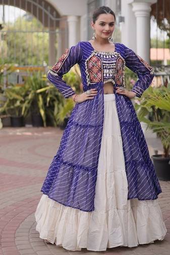 women laheriya print navratri lehenga choli with patchework set -full stitched free size