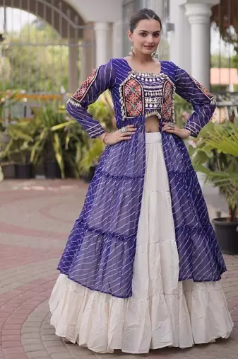 women laheriya print navratri lehenga choli with patchework set -full stitched free size