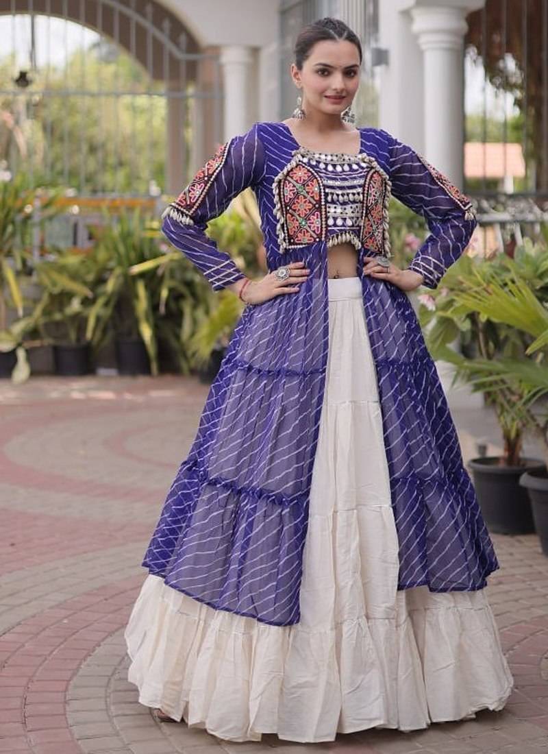 women laheriya print navratri lehenga choli with patchework set -full stitched free size