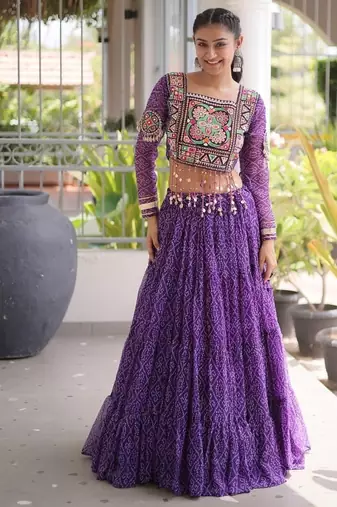 women bandhani print navratri lehenga choli with patchework set for women-full stitched free size