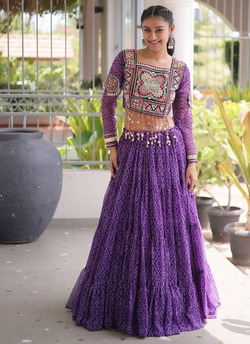 women bandhani print navratri lehenga choli with patchework set for women-full stitched free size