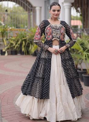 women laheriya print navratri lehenga choli with patchework set for women-full stitched free size 1