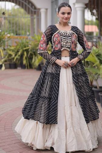 women laheriya print navratri lehenga choli with patchework set for women-full stitched free size