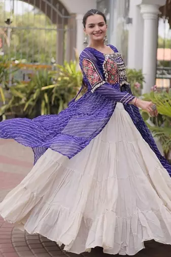 women laheriya print navratri lehenga choli with patchework set -full stitched free size