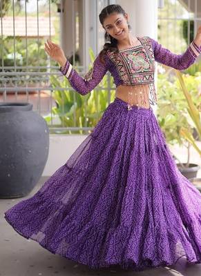 women bandhani print navratri lehenga choli with patchework set for women-full stitched free size 3
