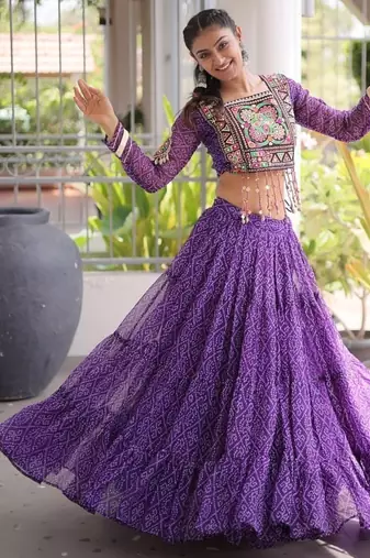 women bandhani print navratri lehenga choli with patchework set for women-full stitched free size