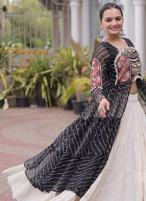 women laheriya print navratri lehenga choli with patchework set for women-full stitched free size 3