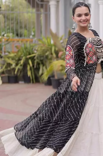 women laheriya print navratri lehenga choli with patchework set for women-full stitched free size