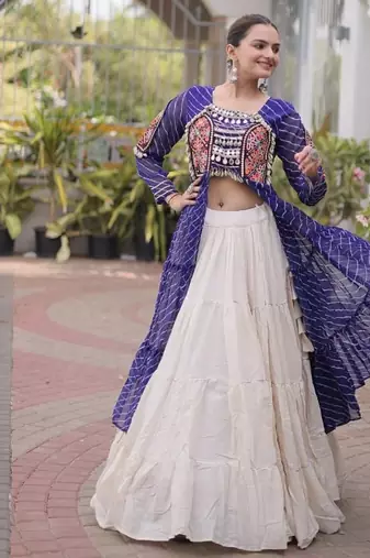 women laheriya print navratri lehenga choli with patchework set -full stitched free size
