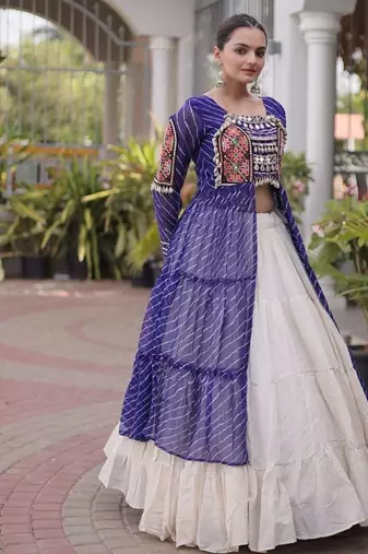 women laheriya print navratri lehenga choli with patchework set -full stitched free size