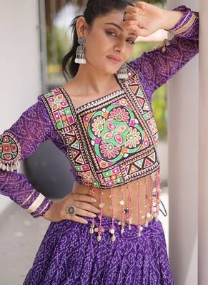 women bandhani print navratri lehenga choli with patchework set for women-full stitched free size 4