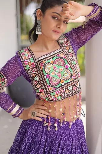 women bandhani print navratri lehenga choli with patchework set for women-full stitched free size
