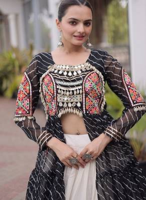 women laheriya print navratri lehenga choli with patchework set for women-full stitched free size 4