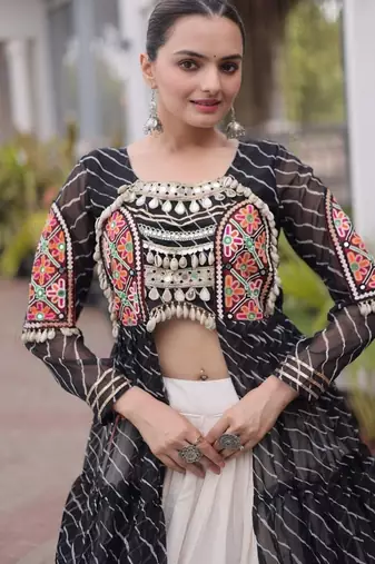 women laheriya print navratri lehenga choli with patchework set for women-full stitched free size