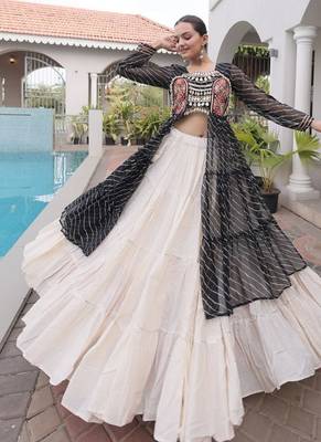 women laheriya print navratri lehenga choli with patchework set for women-full stitched free size 5