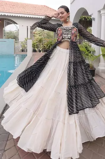 women laheriya print navratri lehenga choli with patchework set for women-full stitched free size
