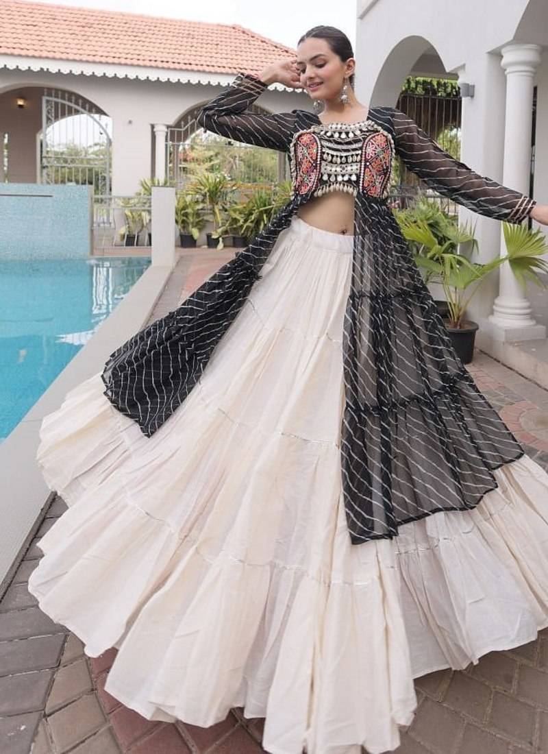 women laheriya print navratri lehenga choli with patchework set for women-full stitched free size