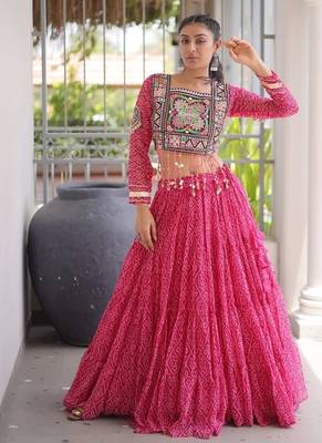 women bandhani print navratri lehenga choli with patchework set for women-full stitched free size 1