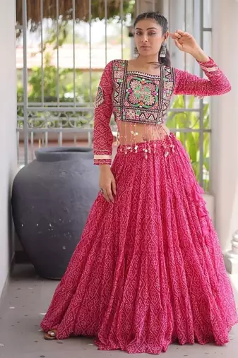 women bandhani print navratri lehenga choli with patchework set for women-full stitched free size