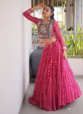 women bandhani print navratri lehenga choli with patchework set for women-full stitched free size 3