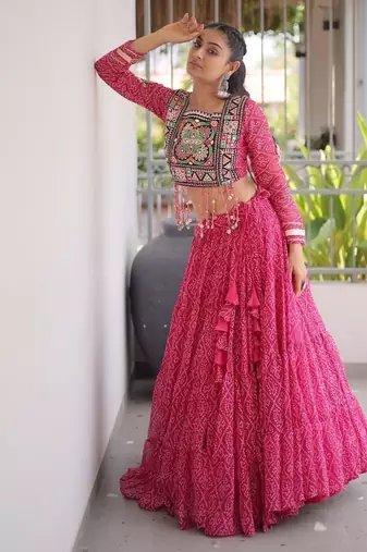 women bandhani print navratri lehenga choli with patchework set for women-full stitched free size